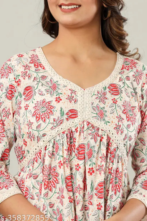 Rayon printed Alia cut anarkali short kurti for women, three-quarter sleeves in various sizes, India origin