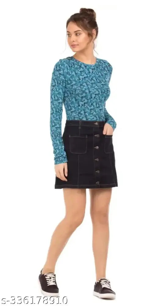 Washed black denim mini skirt, lightweight & breathable, trendy fit for all body types