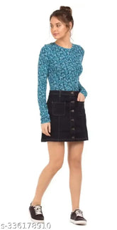 Washed black denim mini skirt, lightweight & breathable, front pocket and buttoned design, trendy fit for women