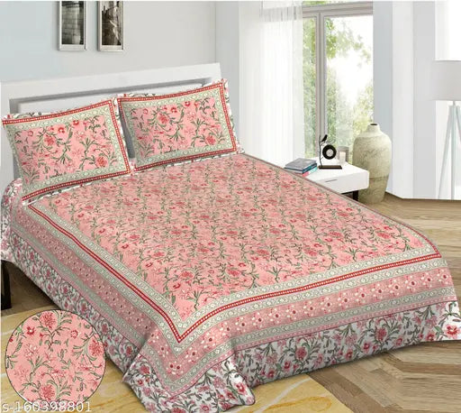 Rajasthani printed cotton king size bedsheet, vibrant floral design for summer adult use on bed, double king size with 2 pillow covers, made in India