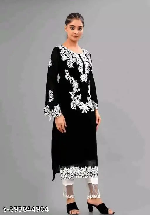 Floral embroidered Georgette salwar suit set with full sleeve stitched top and white crepe palazzos, new designer work for women's fashion