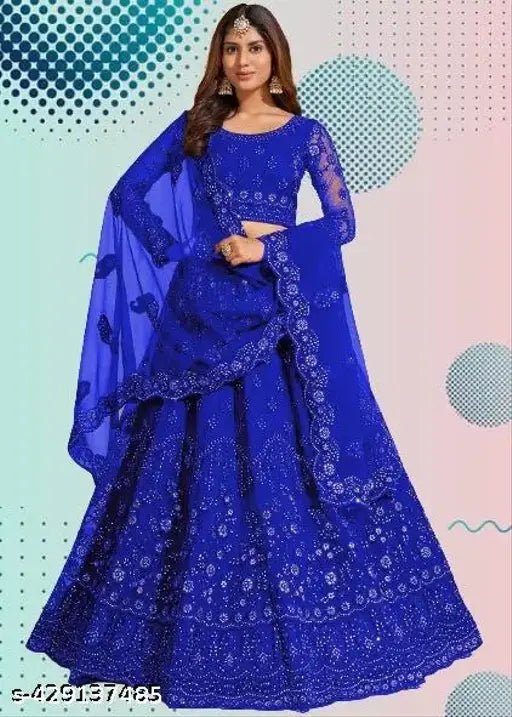 Embroidered net lehenga-choli set with dupatta, Indian semi-stitched traditional wear