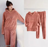 Woolen fur hood nightsuit, imported ladies winter warm pyjamas in solid pattern
