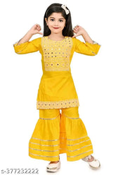 Garara Yellow Rayon dress, embellished top with embroidered net bottom for girls aged 2-12 years, India origin