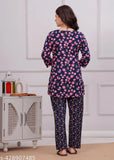 Dark blue pure cotton women's night suit with pink flower hand print, Jaipuri Blossom design - Indian craftsmanship, contemporary fashion, comfortable sleepwear