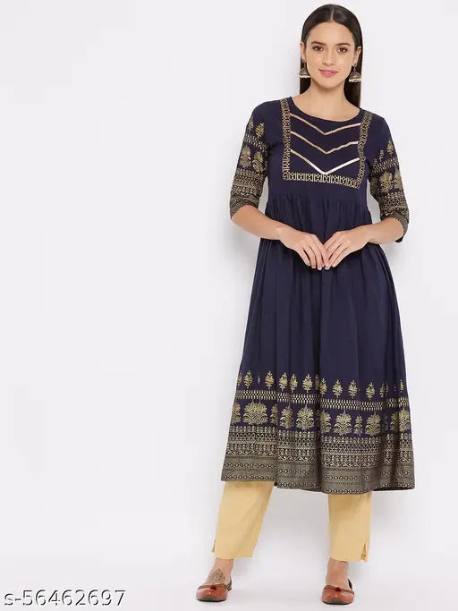 WineRed Women Navy Blue Floral Print Cotton Flared Kurta, three-quarter sleeves, ideal for festive occasions. Lightweight, soft cotton fabric, great for traditional party wear. Size chart available. Indian ethnic dress for women