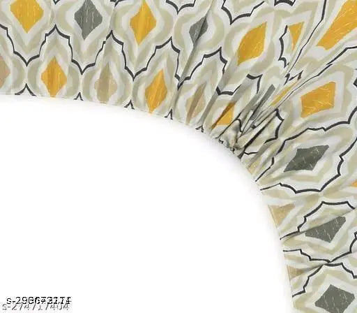 White Glace Cotton Elastic Fitted King Size Double Bed Sheet & Pillow Covers with Geometric Print, ideal for modern home decor