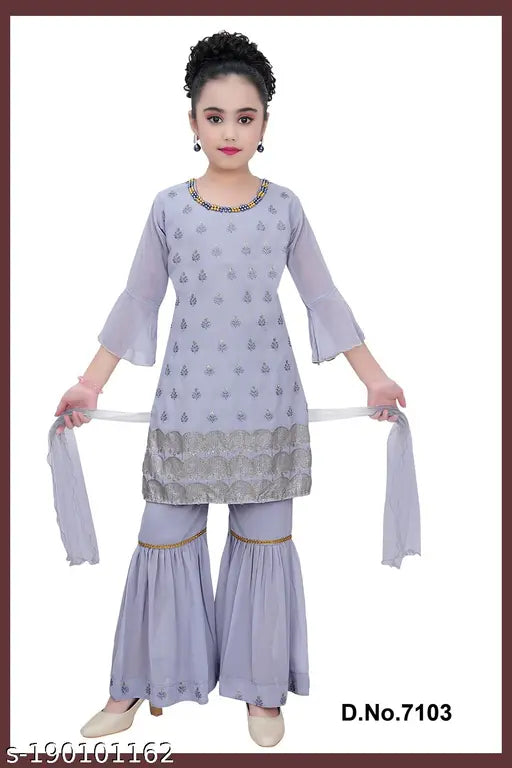 Georgette ethnic kurta and sharara set, self-designed pattern, A-line top with three-quarter sleeves for girls, 4-5 to 10-11 years