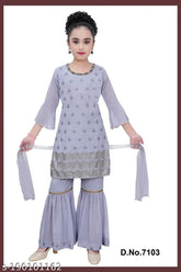 Georgette A-line ethnic kurta and sharara set for girls, self-designed pattern, three-quarter sleeves. India origin" (123 characters)