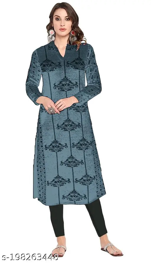 Embroidered woolen kurti with long sleeves, warm and stylish women's wear from India