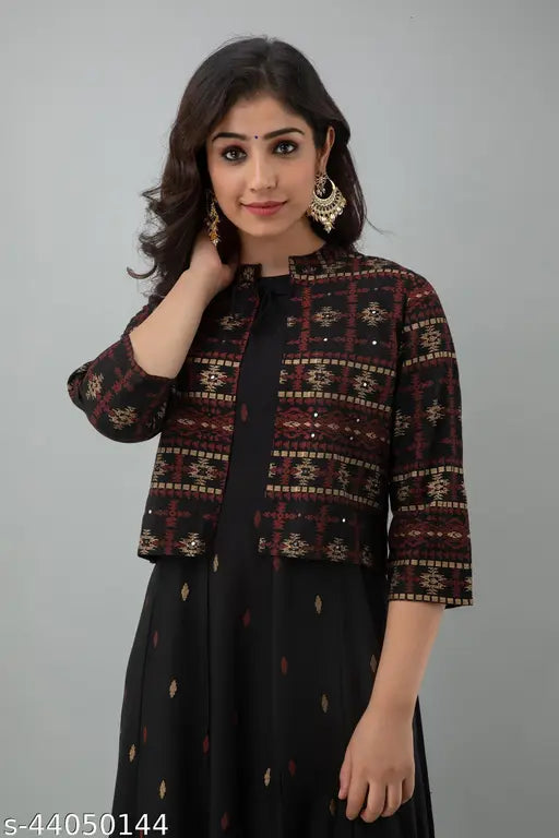 Black printed Anarkali kurta with geometric short jacket, rayon fabric, three-quarter sleeves - Indian ethnic wear