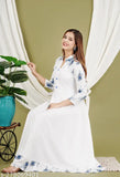 White Anarkali kurti, rayon fabric, three-quarter sleeves. Traditional Indian women's dress for casual or office wear, ideal for special occasions. Made by Sapna kUrti in India