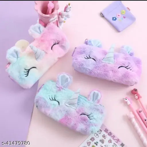 Elite textured fabric pouch for makeup & stationery, unicorn fur design, Indian origin (15x15x0.5cm)