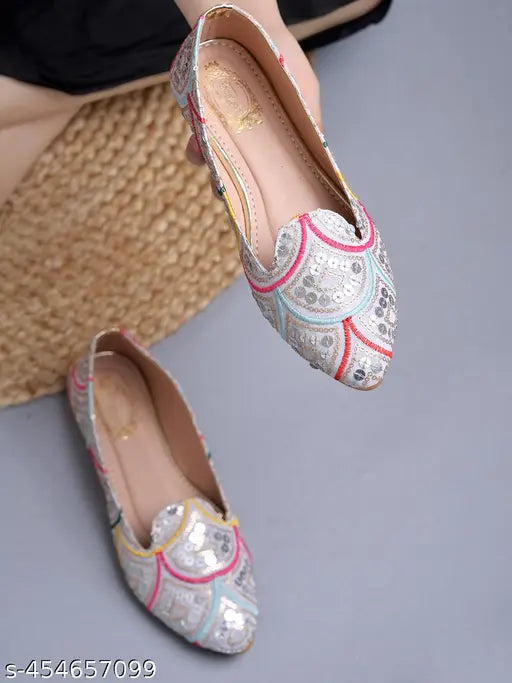 Indian synthetic ethnic silver flat bellies for women & girls - versatile ballerina flats with embellished design