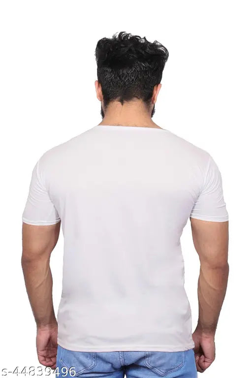 White polyester round neck t-shirt with printed graphics, short sleeves, fits sizes S-XL. Comfortable clothing for all, made in India