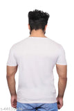 White polyester round neck t-shirt with printed graphics, short sleeves, fits sizes S-XL. Comfortable clothing for all, made in India