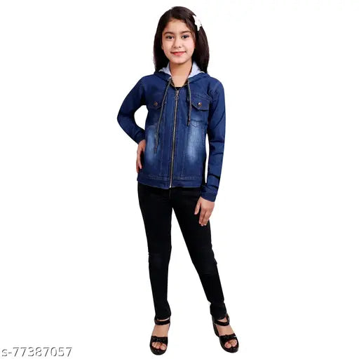 Blue denim jacket for girls, distressed collared full sleeve design, size 8-9 years