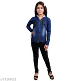 Blue denim jacket for girls, distressed collared full sleeve design, size 8-9 years