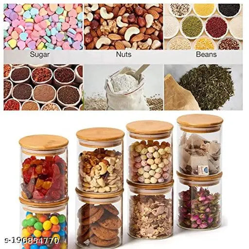 Crystal clear borosilicate glass jar set (12 pcs., 270ml each), leak-proof and airtight with wooden lid and silicone seal, perfect for home or office storage