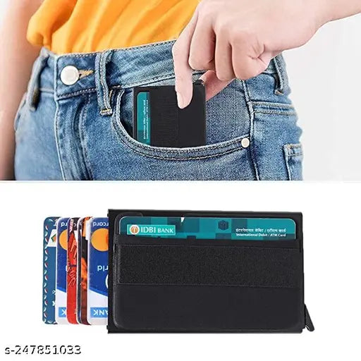 Black aluminum unisex card wallet, printed pattern. Four compartments, free size (10cm x 10cm). Made in India