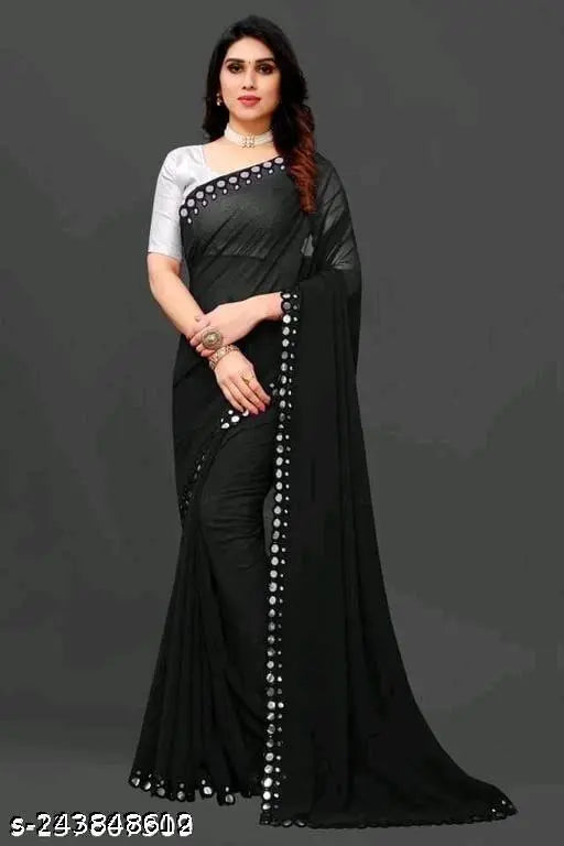 Georgette party wear saree with faux mirror work, free size, 5.5m length, Banarasi silk blouse