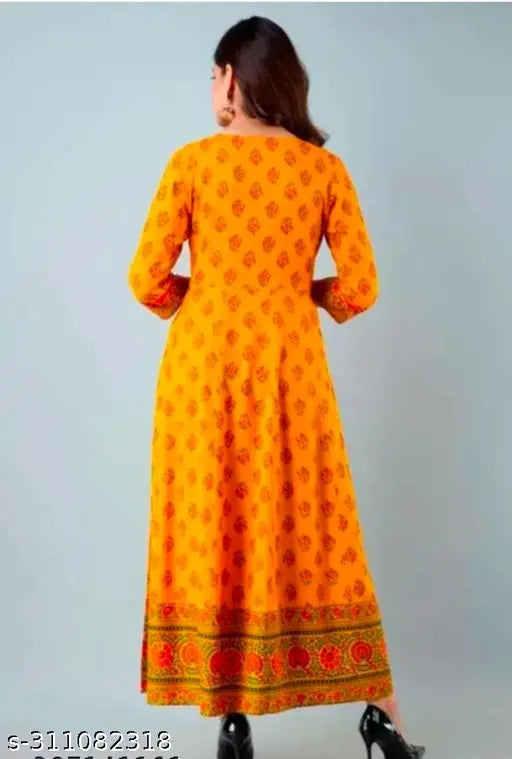 Yellow rayon anarkali kurti with three-quarter sleeves and printed combo, women's fashion, Jaipur style from India