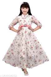 White Georgette Princess Trendy Long Gown for Girls with Three-Quarter Sleeves, Printed Design