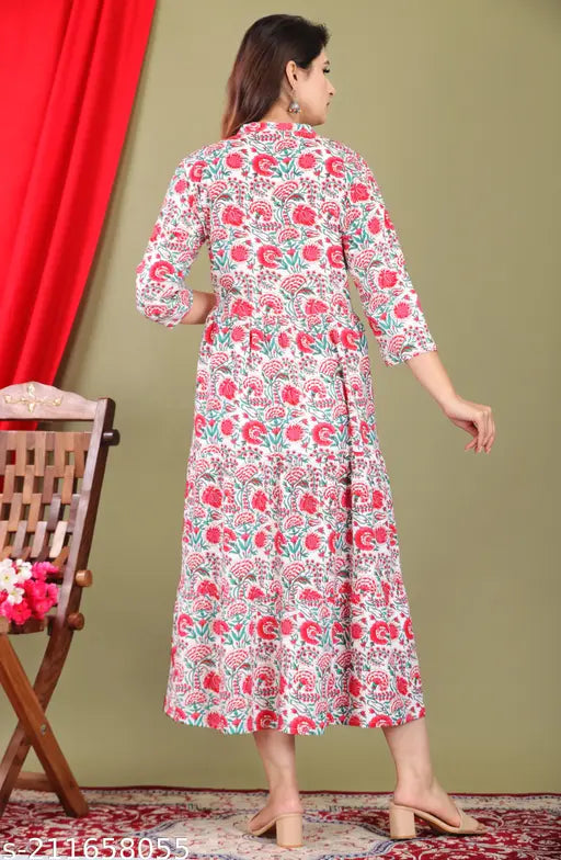 White cotton anarkali printed kurti, three-quarter sleeves, Indian women's fashion