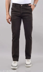 Mens brown stretchable denim jeans, versatile & trendy for casual to semi-formal wear. Solid pattern, size 42 (Waist 42, Length 41, Hip 47). Made in India