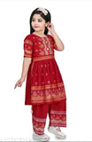 Red rayon anarkali palazzo set with printed design for girls party wear