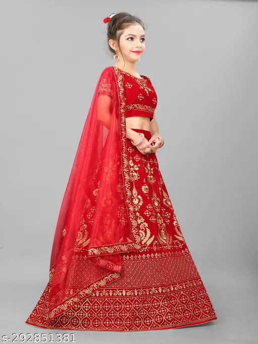 Velvet red semi-stitched baby girl's lehenga choli with net dupatta, intricate embroidery for festive and wedding wear occasions, India-made
