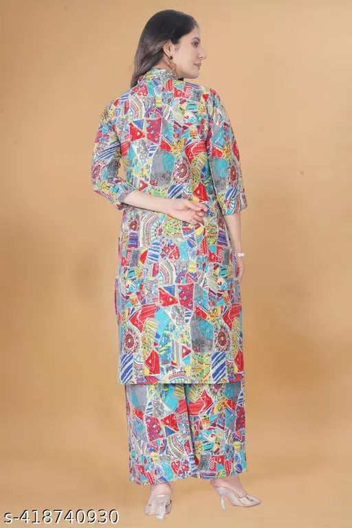 Multi-color rayon kurta palazzo set for women's fashion, Indian print design on long kurtas with palazzos bottomwear