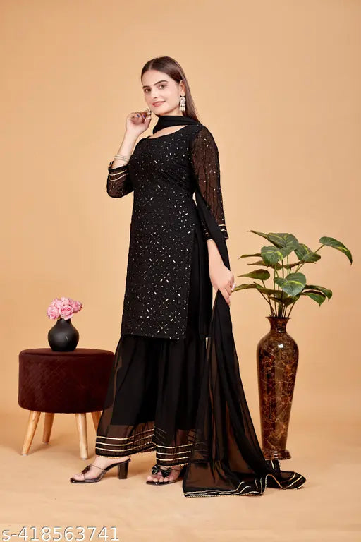Embellished net Georgette kurti & sharara set, Indian three-quarter sleeve women's fashion outfit with dupatta and bottomwear