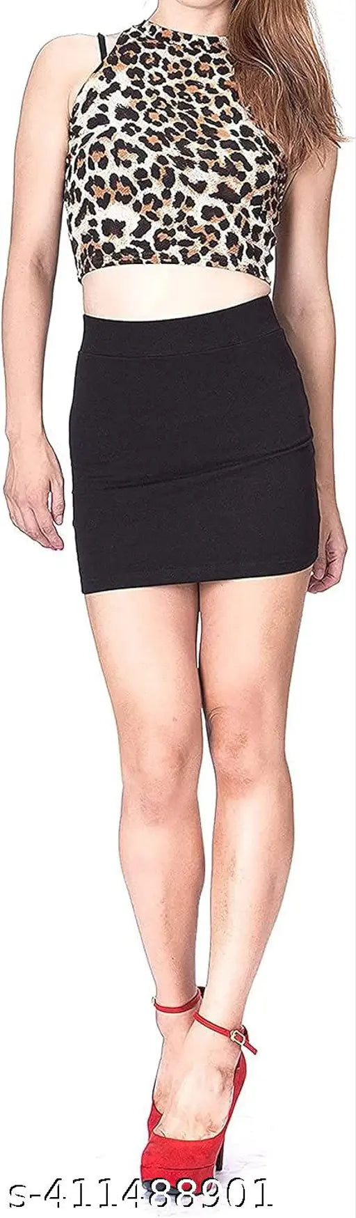 Black cotton blend high-waist mini pencil skirt, trendy and versatile for women's formal wear