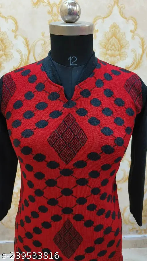 Woolen fancy kurti with long sleeves, solid color, trendy Indian design - S (36in bust, 38in length), M (38in bust, 40in length), L (40in bust, 42in length), XL (42in bust, 42in length)