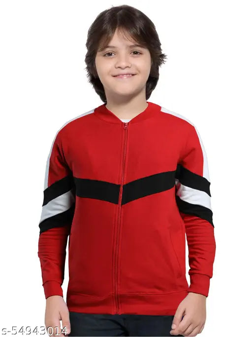 Red and black colorblock boys' cotton jacket, long sleeves with round neck design, size 8-9 years or 11-12 years, made in India