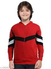 Red and black colorblock boys' cotton jacket, long sleeves with round neck design, size 8-9 years or 11-12 years, made in India