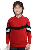 Red and black colorblock boys' cotton jacket, long sleeves with round neck design, size 8-9 years or 11-12 years, made in India