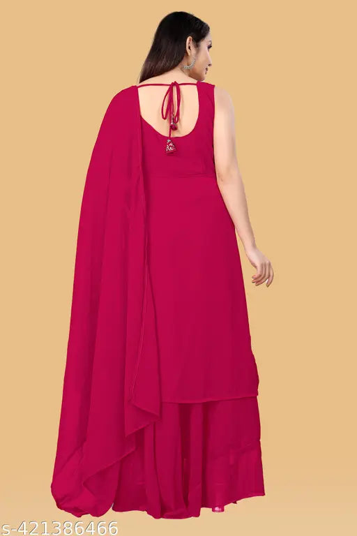Designer embroidered Georgette set: Sleeveless kurta with dupatta and bottomwear, embellished threads, pack of 3 (Georgette top, bottom, dupatta), available in S, M, L, XL, XXL sizes. Indian-made traditional wear for women on mannequin