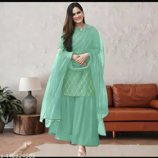 Diwali2024 Special Rayon KurataPentDuppata Full Sets, three-quarter sleeves printed kurta, bottomwear, and dupatta set for women in various sizes (S-XXL), origin from India