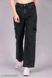 Black denim six-pocket cargo pants for women, embellished with net detailing - standard sizes from 26 to 34 waist (India)