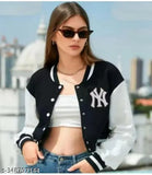 Black fleece crop NY bomber jacket for women, close-up view