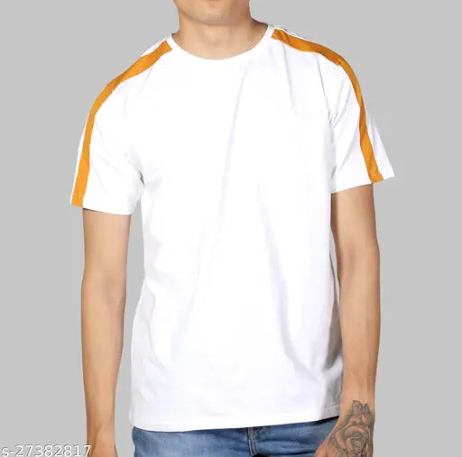 Classy cotton short sleeve men's t-shirt with shoulder stripes, slim fit from India