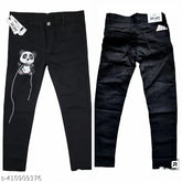 Men's ripped black cotton jeans with panda embroidery, featuring a comfortable fit and edgy style. Available sizes: 28(28in/39in), 30(30in/39in), 32(32in/39in). Made in India