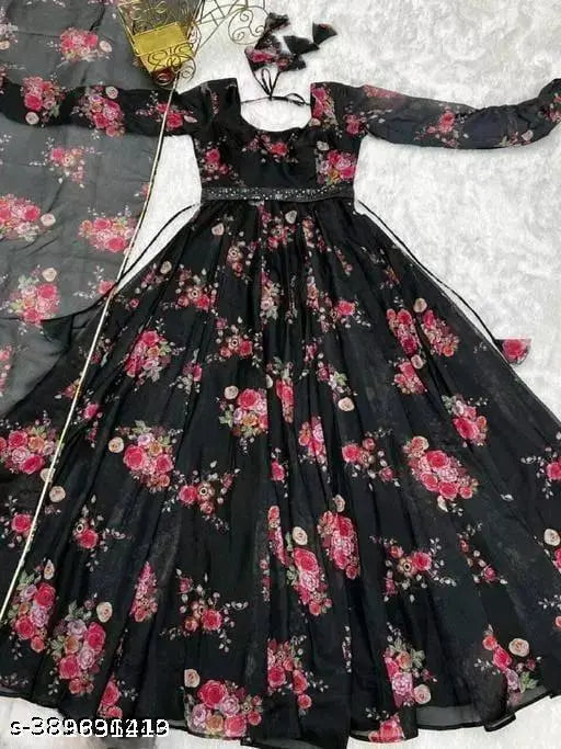 Black Georgette women's floral printed party wedding fashion gown with matching dupatta and belt, Indian Anarkali style with long sleeves. Party wear gown for women, size S-XXL