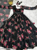 Black Georgette women's floral printed party wedding fashion gown with matching dupatta and belt, Indian Anarkali style with long sleeves. Party wear gown for women, size S-XXL