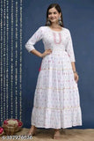Rayon printed Anarkali Kurta with embroidery, three-quarter sleeves, vibrant Indian fashion