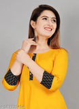 Unique women's solid printed round pleated flared kurti (mustard) in rayon fabric with 3/4 sleeves, hand wash or machine washable, suitable for casual and formal occasions, size range from XS to XXXL, origin India
