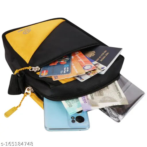 Black and yellow colorblock sling bag with 2 compartments, polyester material, cross body design