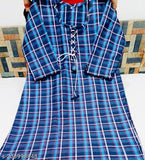 Stylish double blue woolen kurti, three-quarter sleeves, checked pattern - women's ethnic wear top for M, L, XL, XXL sizes